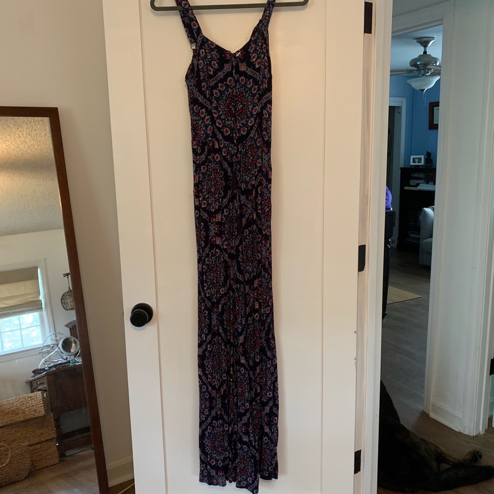 Navy patterned wide leg jumpsuit
